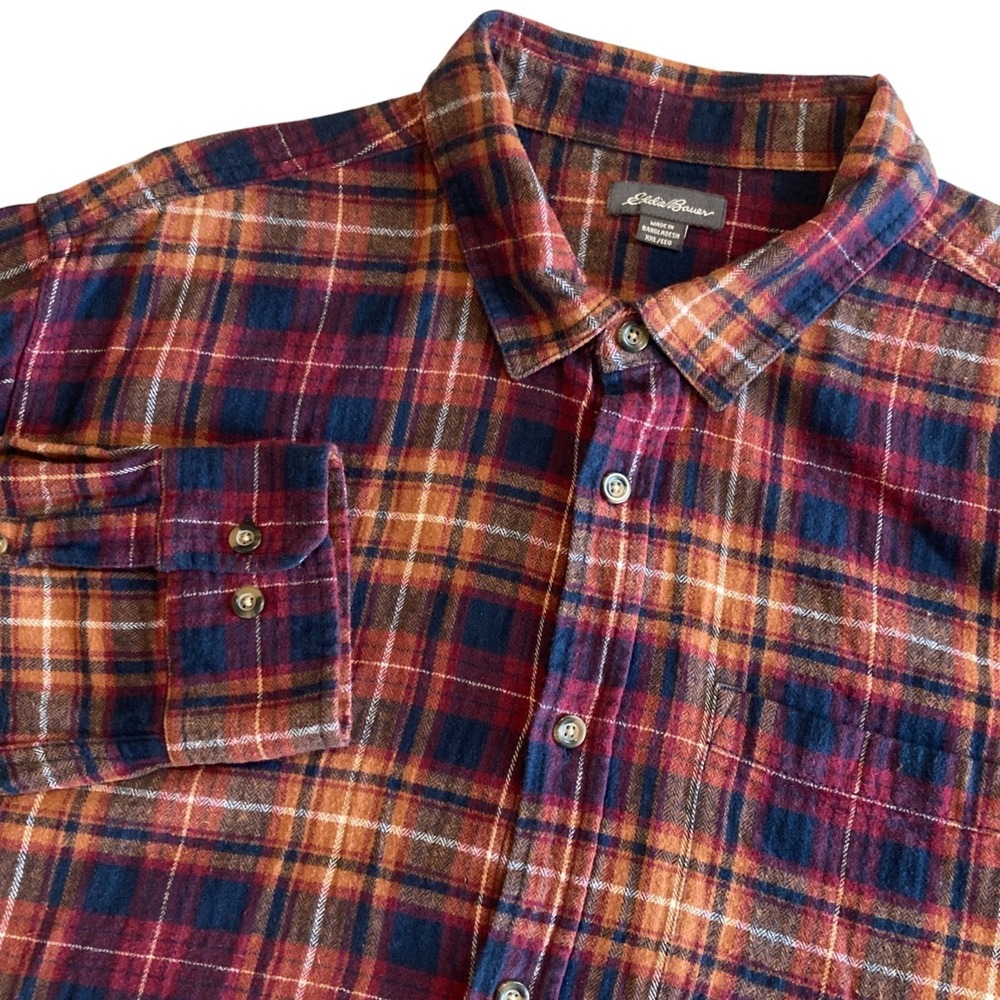 Eddie Bauer Plaid Flannel Shirt Mens XXL 2XLBurgundy Navy Orange Cotton EMT5568S